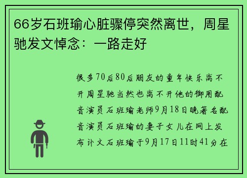 66岁石班瑜心脏骤停突然离世，周星驰发文悼念：一路走好