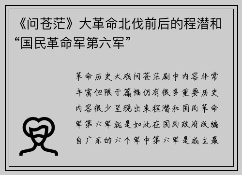 《问苍茫》大革命北伐前后的程潜和“国民革命军第六军”